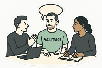 Engaging dialogue among participants with a facilitator guiding the conversation in a collaborative workspace fostering creativity and teamwork dynamics captured with clarity