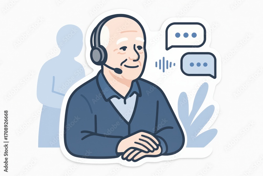 Poster senior customer service representative engaging with clients using modern technology, showcasing com