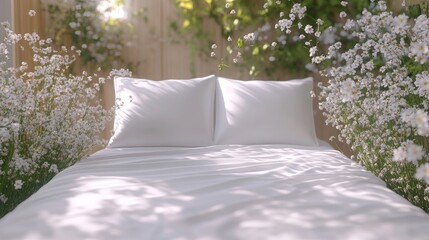 Serene bedroom scene with white linens and delicate flowers creating a peaceful ambiance