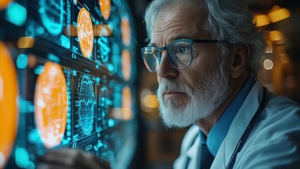 Elderly doctor intently studying glowing holographic medical data on a large interactive display - Powered by Adobe