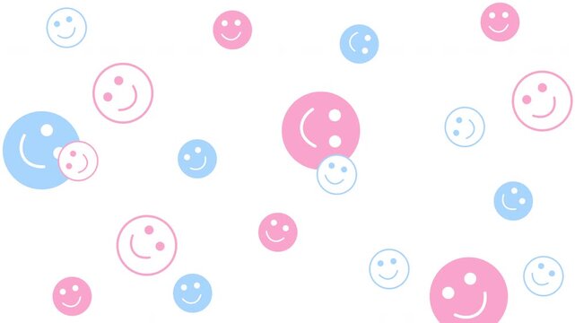 Loop animation of pink and blue smiley faces rotating randomly on white background. Minimal playful seamless motion design. Cheerful decorative pattern for backgrounds, presentations, projects