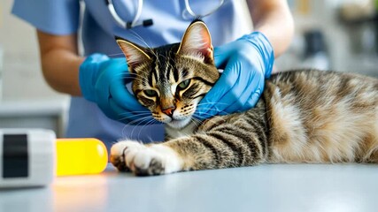 Relaxed cat being examined by veterinarian wearing blue gloves in medical setting
