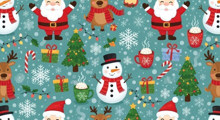 Festive Christmas pattern featuring cheery Santa Claus, snowmen, reindeer, Christmas trees, gifts, and hot cocoa cups, on a teal background with snowflakes.