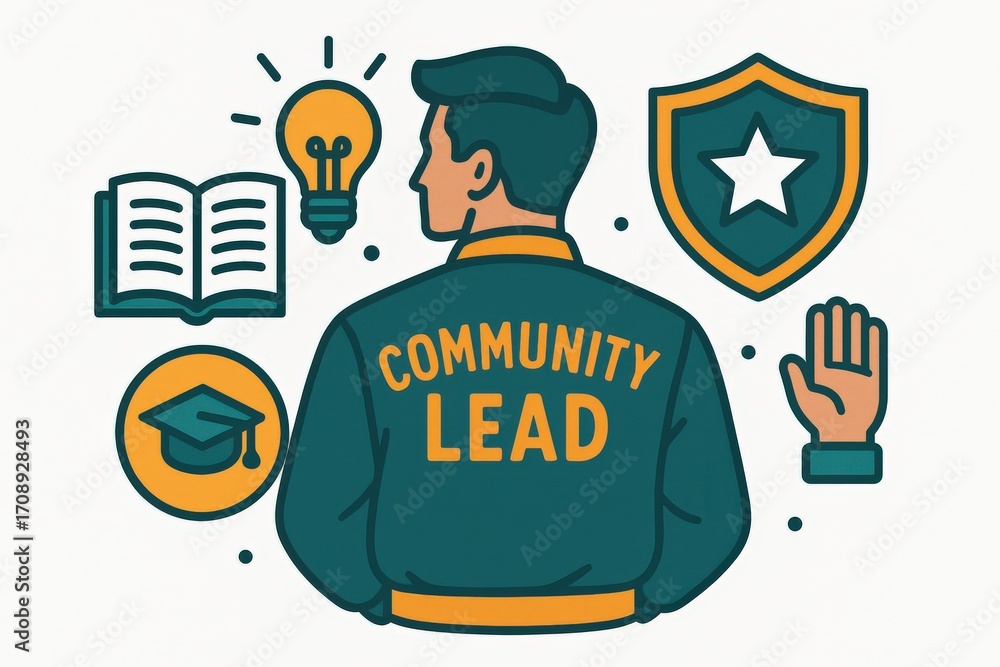 Poster a community leader embodying mentorship and guidance positioned in front of key symbols of knowledge