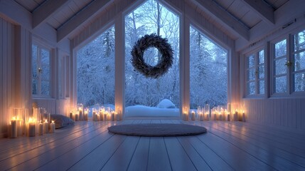 Cozy Winter Cabin Interior with Candles and Snowy Landscape View