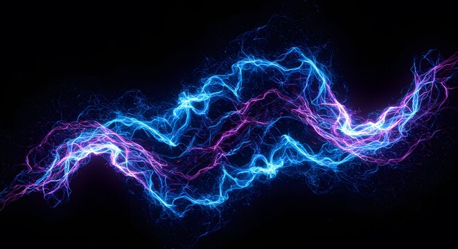 Electric blue and purple lightning with branching paths on a black background