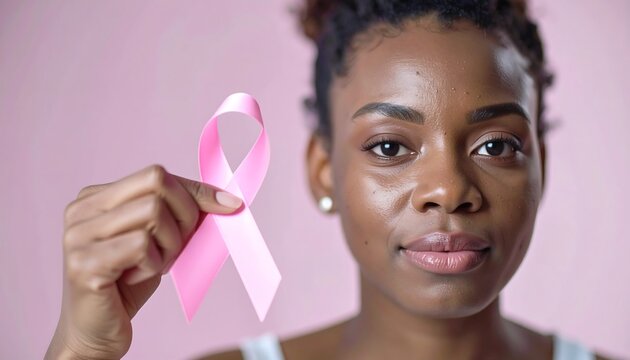 A woman with dark skin and hair holds up a pink ribbon against a pink backdrop, smiling at the camera - Powered by Adobe