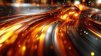 Abstract futuristic background with glowing gold lines and bokeh effect creating energy flow