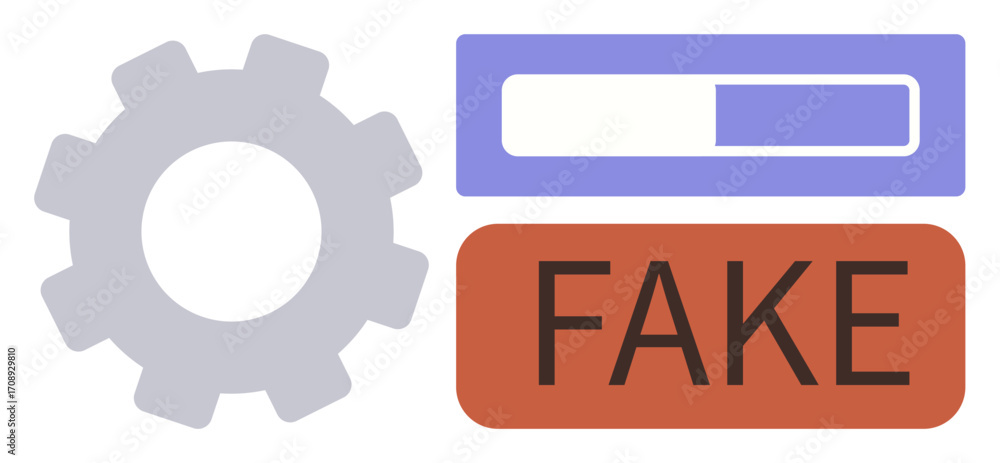 Poster gear represents automation, progress bar indicates loading or development, and fake label conveys mi
