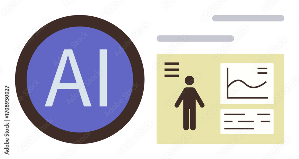 Poster circle with ai text beside human profile, line graph, and text blocks indicating analytics and techn