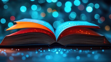 An open book with glowing pages, illuminated by magical blue bokeh lights