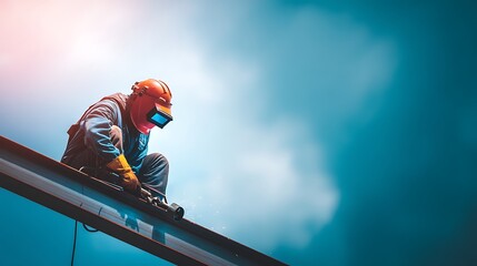 A skilled welder in protective gear works on a metal structure, creating a bright, dynamic scene with sparks and a blue sky backdrop.