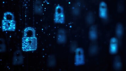 a blue digital background with glowing padlock icons, symbolizing the importance of security in online or virtual spaces. the lock icon represents data protection Generative AI