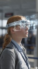 A woman wearing a futuristic augmented reality headset, exploring virtual environments and interacting with digital data.