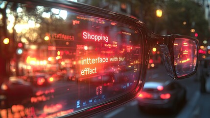 Augmented reality shopping experience reflected in smart glasses in city streets