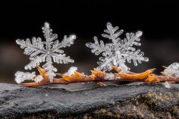 Close-up of two delicate snowflakes resting on frosted, thorny branch