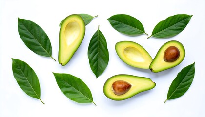 Fresh avocados and leaves on white background