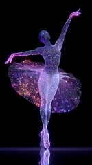 A mesmerizing image of a ballerina in a sparkling dress, captured in a dynamic pose, set against a dark background.