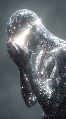 A contemplative figure adorned with sparkling particles, symbolizing introspection and wisdom.