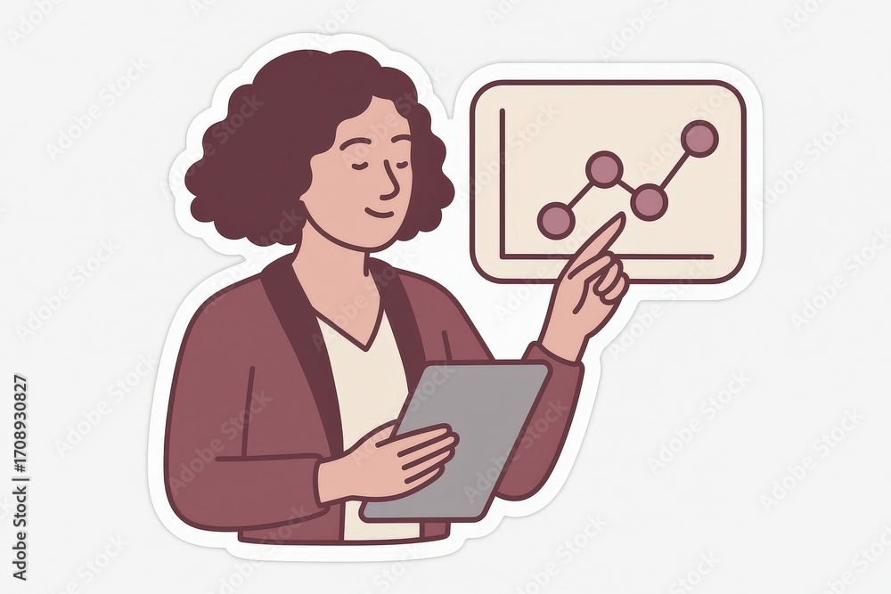 Poster engaging female analyst presenting digital trends through data visualization on tablet screen while 