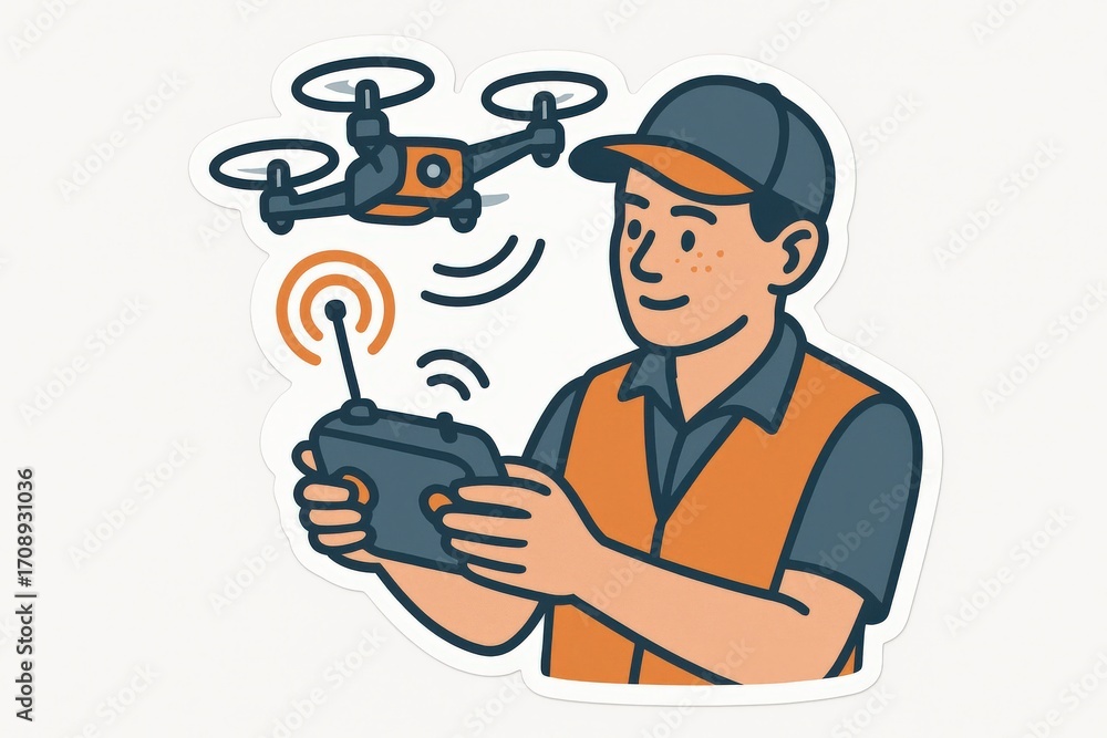 Poster engaging drone operator demonstrating remote control skills with innovative technology signaling the