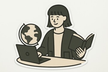 Engaging young woman using laptop to explore the world through reading and digital connections while examining a globe showcasing her passion for knowledge and adventure