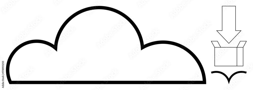 Poster cloud outline with downward arrow pointing to open box, symbolizing data download. ideal for technol
