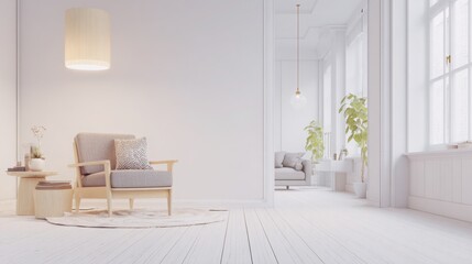 Fototapeta premium scandinavian. Minimalist Nordic living room with wooden accents and abstract art, bathed in soft natural light. lifestyle magazines.