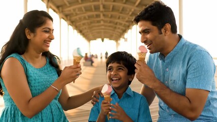 Family Enjoying Ice Cream Together; Happy Asian Family with Ice Cream Cones on a Sunny Day