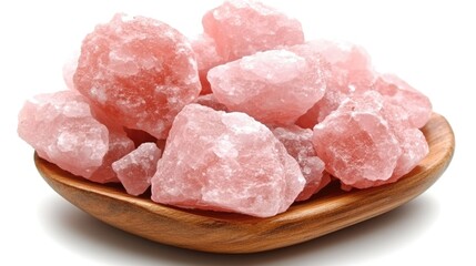 Close-up of Himalayan pink salt chunks in a wooden bowl on a white background