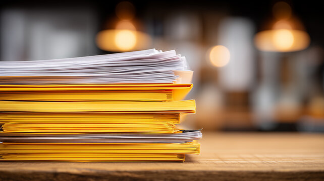  Stacked folders and documents on a desk representing paperwork management and compliance control, conveying organization workload record keeping and administrative processes for audits and governance
