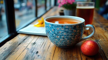 Cozy morning scene featuring a tea cup, peach, book, flowers, and a drink near the window