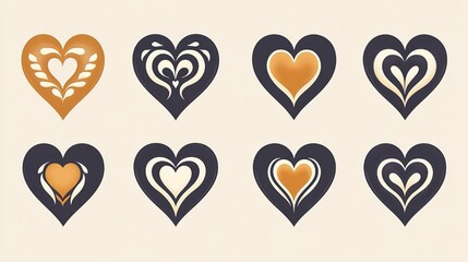 Set of Ornate Heart - Shaped Design Elements in Earthy Tones for Graphic Design and Crafts