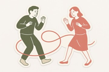 Emotional distance illustrated through two individuals pulling away from each other encased in a swirling line symbolizing connection and struggle with anxiety in relationships