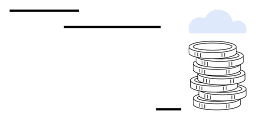 Stack of coins next to minimal cloud and horizontal lines symbolizing savings, investment, growth, stability, economic progress, strategies, and opportunities. Ideal for simple flat metaphor
