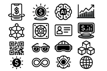 Finance and technology linear icons set. featuring mobile, ai, graph, network, vr, blockchain, and id symbols