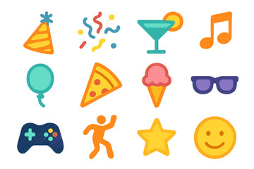 Party celebration flat icon set. featuring hat, confetti, cocktail, music note, balloon, pizza, ice cream, glasses, gamepad, dance, star, smiley