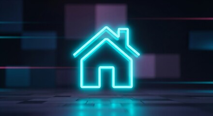 Bright neon house icon on a futuristic digital background, embodying the concept of smart homes, online connectivity, and the future of digital living and virtual spaces