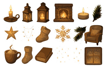 Winter cozy aesthetic flat icons set. featuring candle, lantern, fireplace, pine branch, star, sock, snowflake