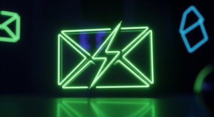 Dynamic neon green envelope with a lightning bolt icon, symbolizing rapid digital communication, express message delivery, and high-speed online services in a sleek cyber setting