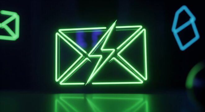 Dynamic neon green envelope with a lightning bolt icon, symbolizing rapid digital communication, express message delivery, and high-speed online services in a sleek cyber setting