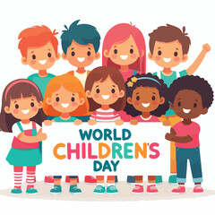 Children carrying boards with World Children's Day written on them with a simple and minimalist flat design using a white background.