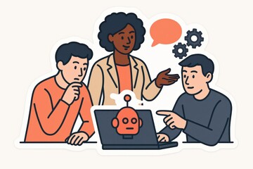 Engaging digital communication dynamics featuring diverse individuals collaborating with artificial intelligence technologies insightfully exploring automation possibilities in a modern