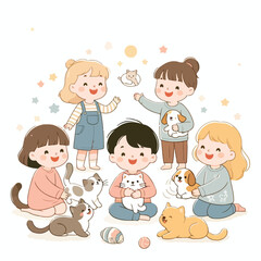 Children playing with cats and dogs with a simple and minimalist flat design using a white background