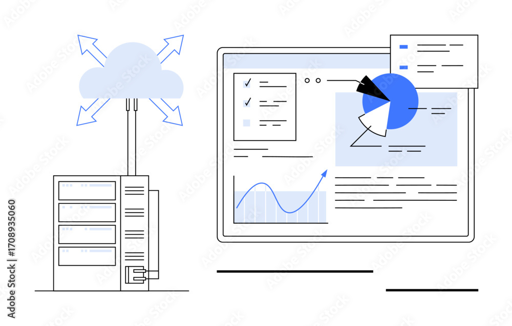 Aufkleber server connected to cloud network and analytical dashboard with charts and graphs. ideal for technol