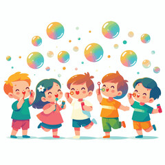 A child blowing up a soap balloon with a simple and minimalist flat design using a white background.