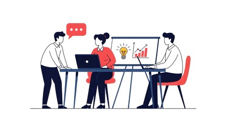 Team collaborating on innovative business strategy with charts and lightbulb ideas