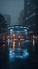 A mysterious UFO hovering above a futuristic cityscape at night, casting a blue glow over the urban landscape.