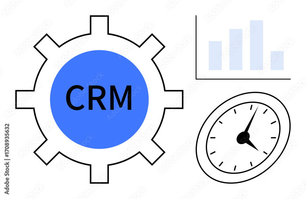 Poster crm gear represents customer relationship tools, paired with a bar chart highlighting analytics and 