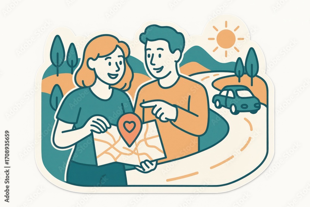 Poster engaging couple exploring a scenic route while studying a map that highlights their destination infu